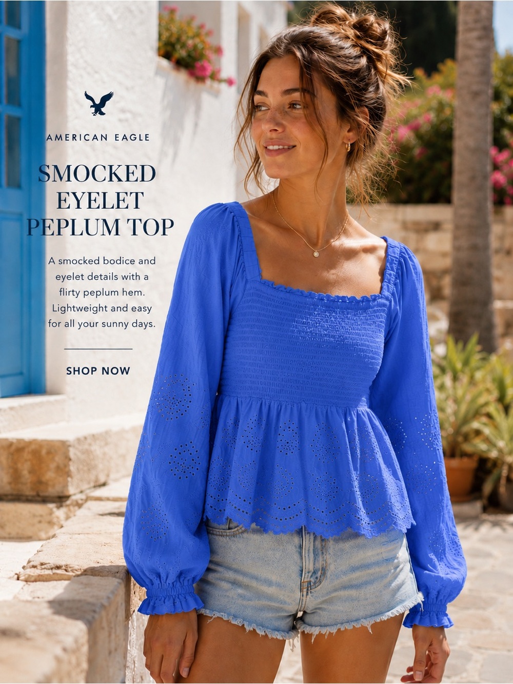 American Eagle Outfitters Periwinkle Smocked Eyelet Peplum Top